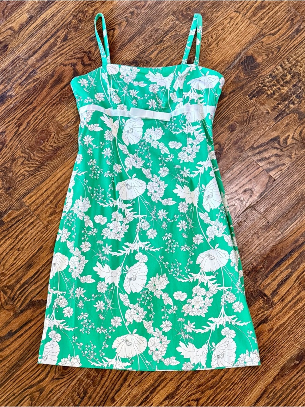 Y2K Green White Floral Spaghetti Strap Summer Cotton Sun Dress - Juniors 9/10